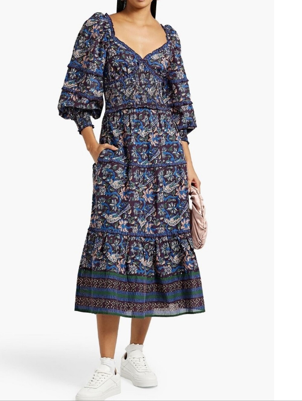 SEA NY Midi Sweetheart tiered dress Eggplant And Blue Floral 8 Medium-Like New